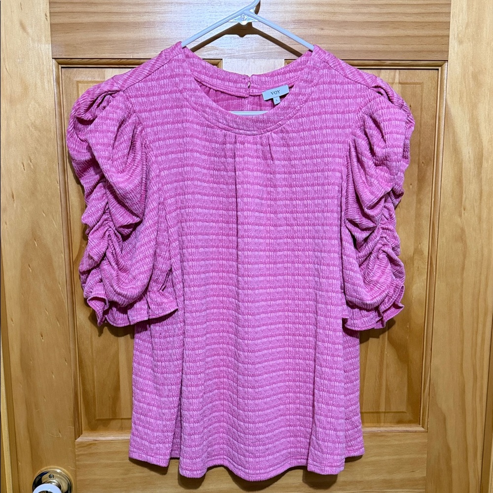 Voy Pink Ruched Puff Sleeve Women's Top, Size Large.